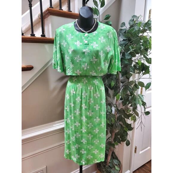 Vintage Donar Hadi Green Polyester Short Sleeve Top & Knee Length Dress Suit - Picture 1 of 12